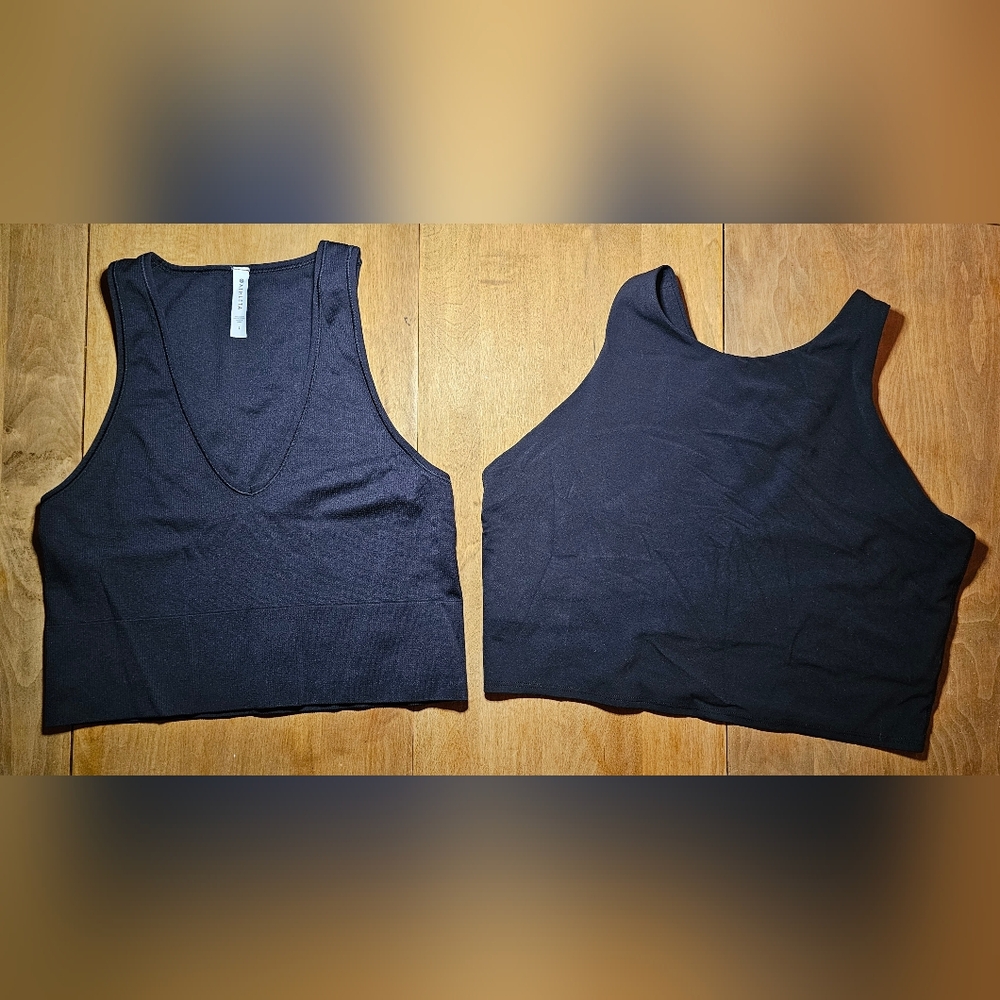 Lot of 2 Athleta Black Racerback Sport Bras / Cropped Stretchy Pullover Style